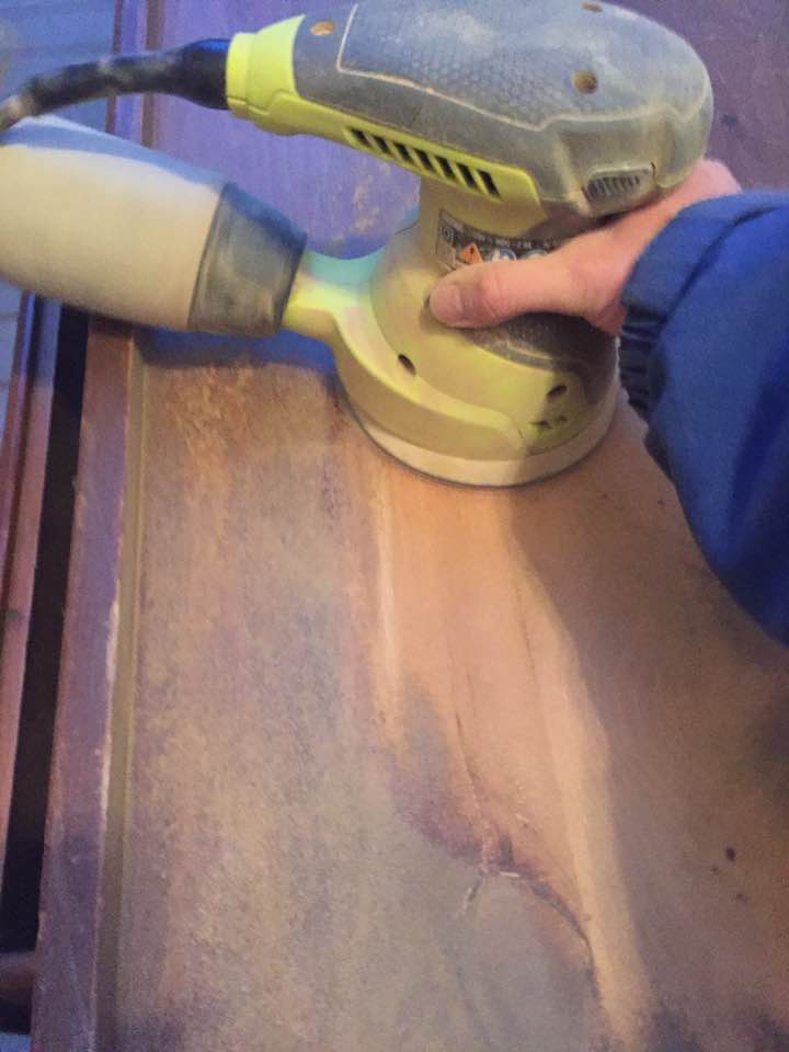An orbital sander will quickly remove the damaged finish An orbital sander will quickly remove the damaged finish
