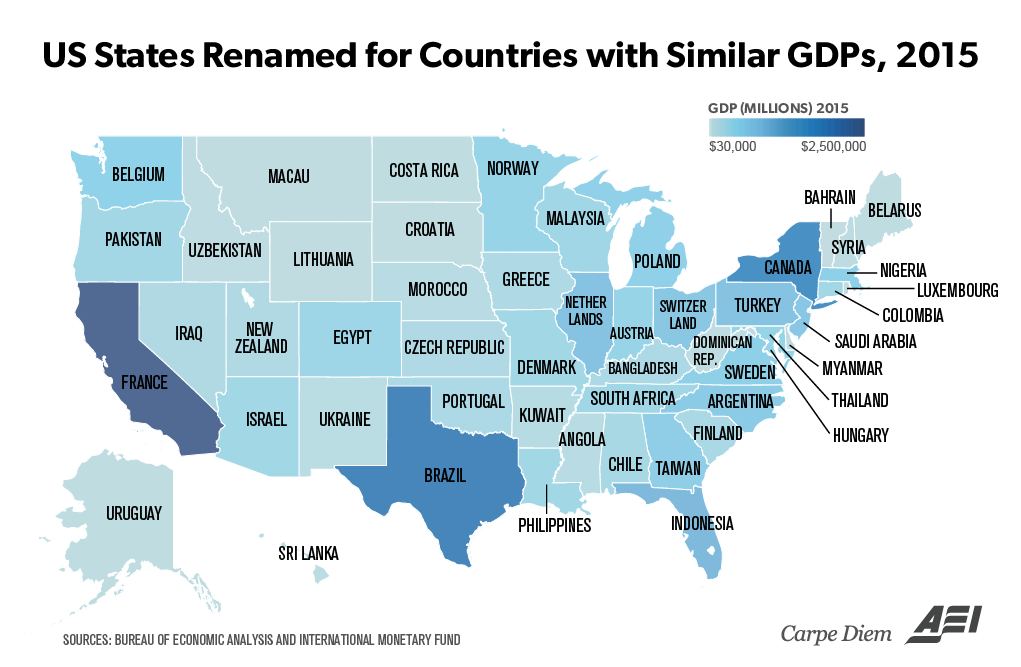 U.S. State borders redrawn & renamed for countries with similar GDPs (2015)