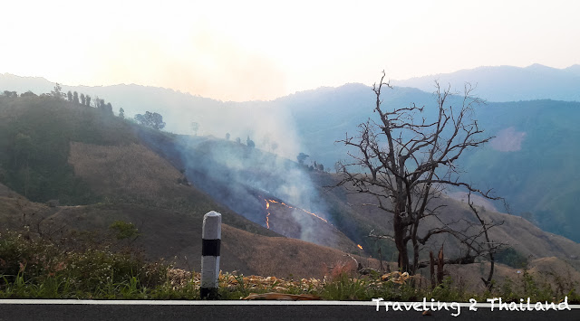 Bush fires in Doi Phu Kha, Nan province, North Thailand Motorbike Riding in Thailand