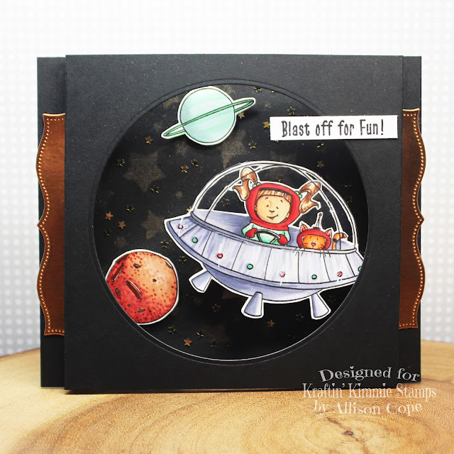 Blast Off! by Allison Cope featuring the Kraftin' Kimmie Stamps "Blast Off" stamp set and the "Starburst Stencil". Copic Markers.