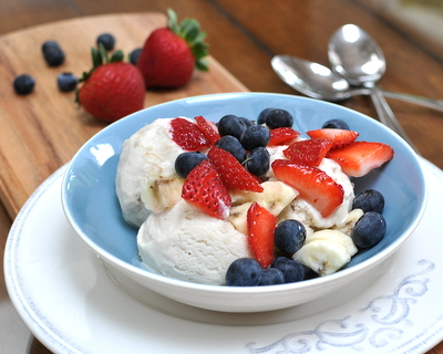 Rustic Banana Ice Cream, a no-cook master recipe for all different fruits @ KitchenParade.com, rich, creamy, totally fruity with a little tang from Greek yogurt, here with red, white & blue fruit on top for July 4th. Recipe, tips, nutrition & Weight Watchers points.