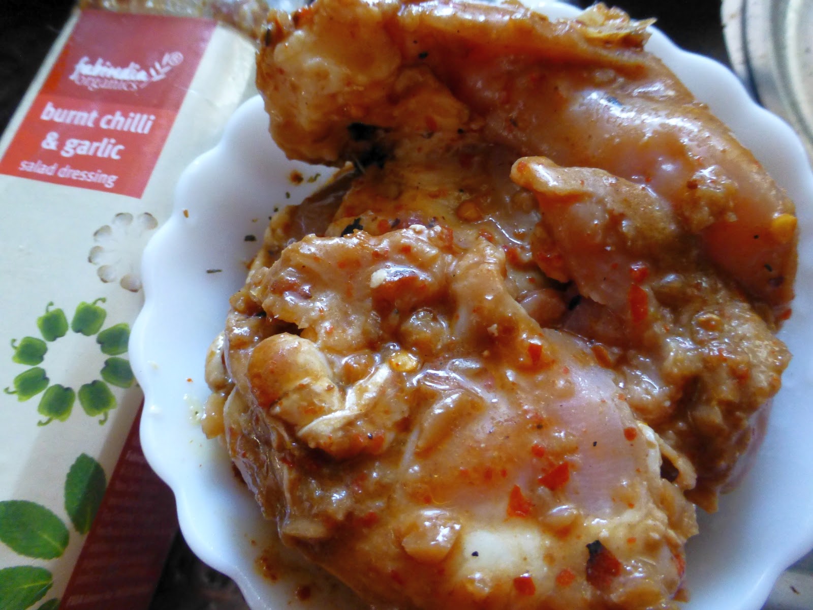 Food! Burnt Chilly Garlic dressing Marinated Pan Fried Chicken Thighs