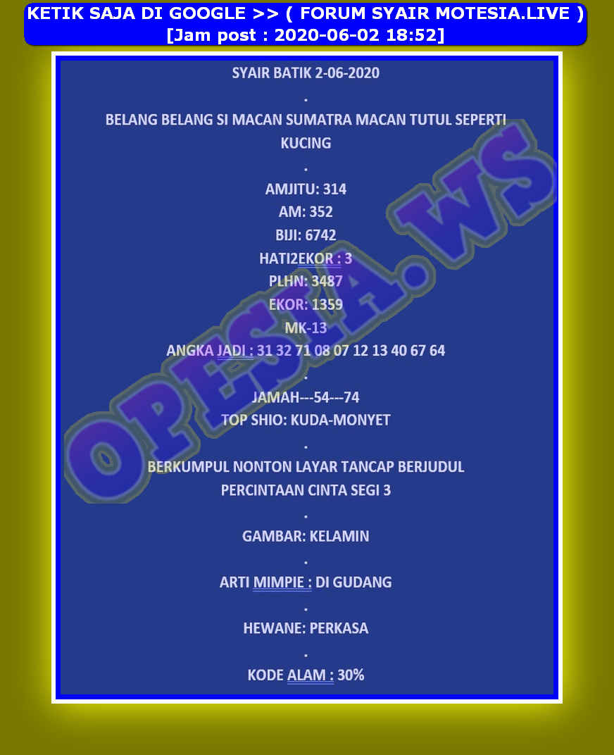 Syair Hk Hari Selasa 2 Juni 2020 Royal Syair