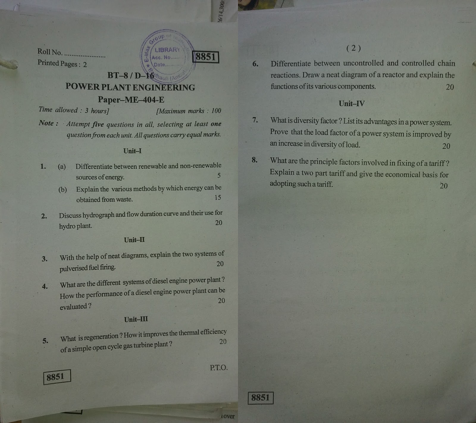 Mechanical Engineering Department Previous Year Question Papers (8th