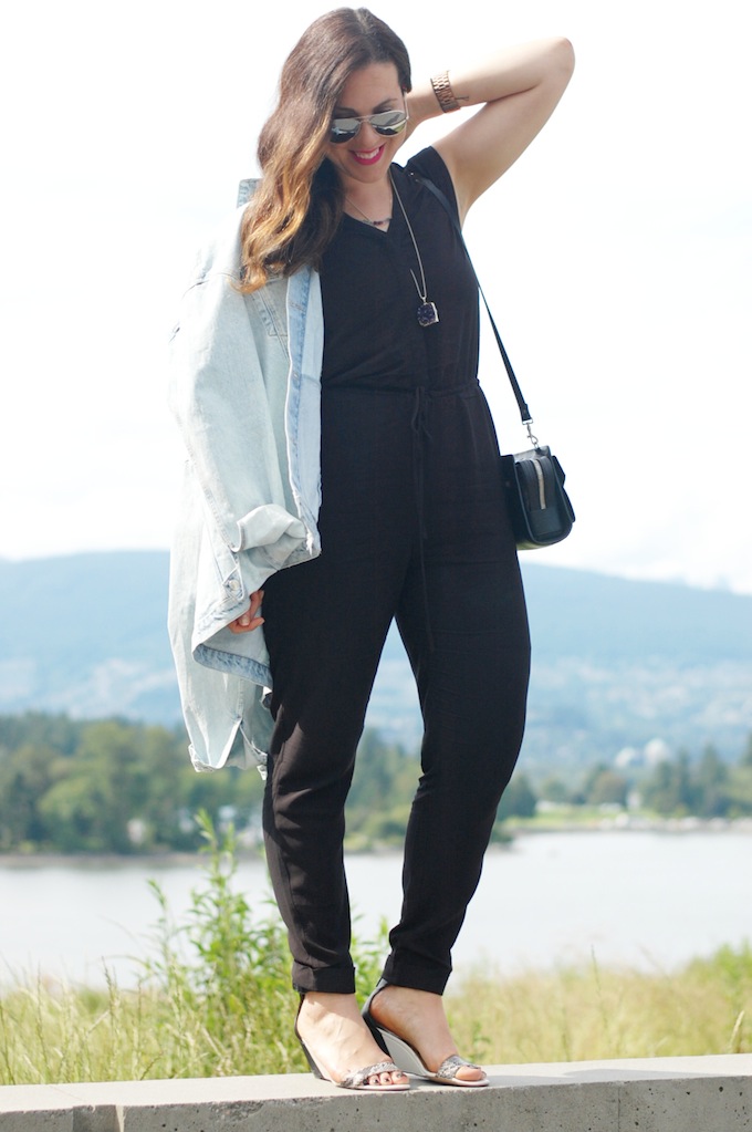 Forever 21 jumpsuit, Zara oversized denim jacket and a Proenza Schouler clutch are combined in the latest outfit post by Vancouver fashion blogger Aleesha Harris of Covet and Acquire.