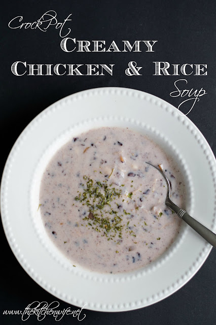 A bowl of the crock pot creamy chicken and rice soup with the title above it.