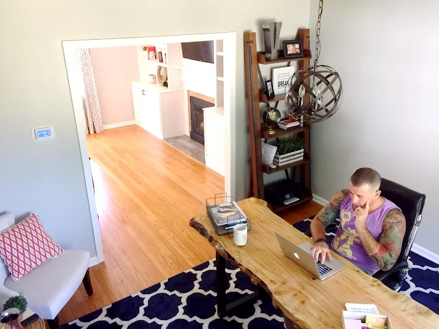 live edge desk, tree slab desk, gray office, home office, work at home