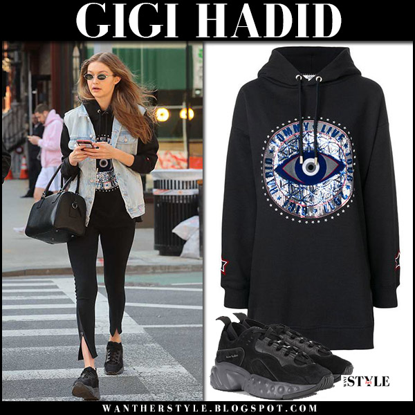 Guggenheim Museum Suri Rechtsaf Gigi Hadid in black hoodie and denim vest in NYC on April 21 ~ I want her  style - What celebrities wore and where to buy it. Celebrity Style