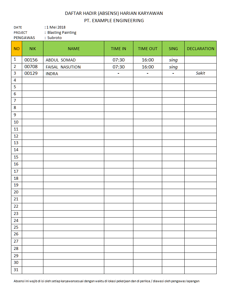 contoh lembar absensi harian microsoft word tukang listrik batam contoh attendance list