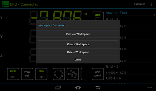 Android DRO application displaying the "Workspace Commands" menu