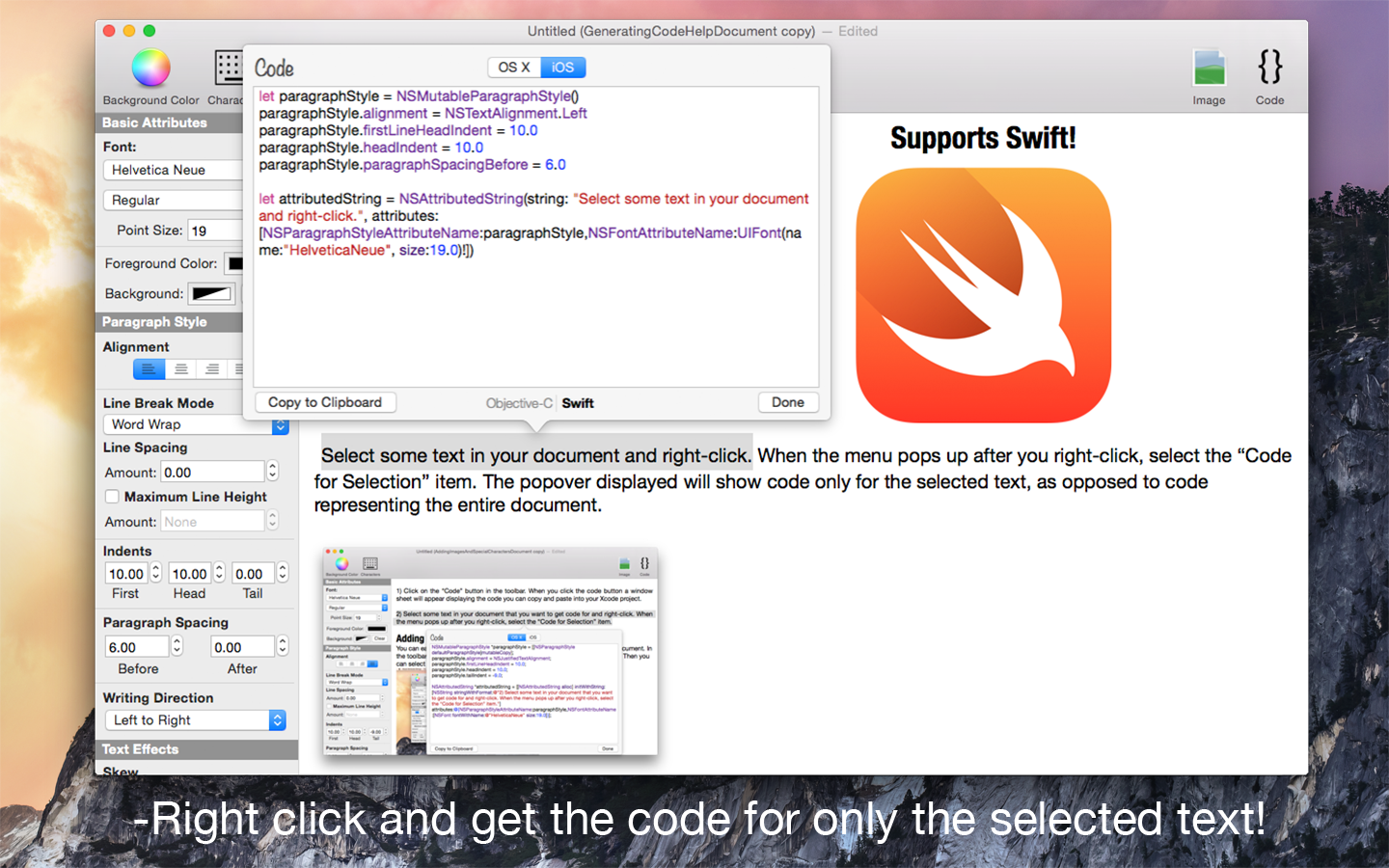 Visual Attributed String Mac app screenshot showing code generation for selected text.