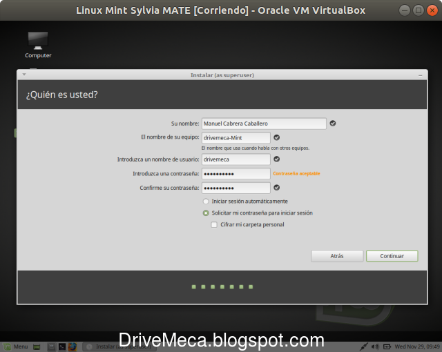 Creamos una cuenta de usuario para Linux Mint MATE
