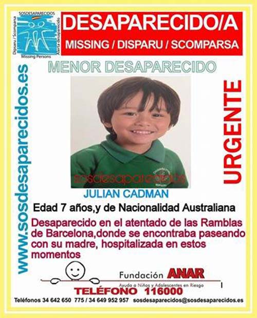 Julian Cadman, el niño australiano de 7 años desaparecido durante el atentado de Barcelona, jueves 17 agosto