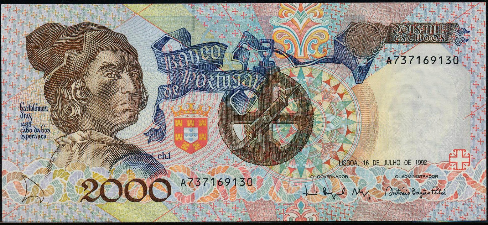 Portugal Banknotes 2000 Escudos banknote 1992 Portuguese explorer Bartolomeu Dias