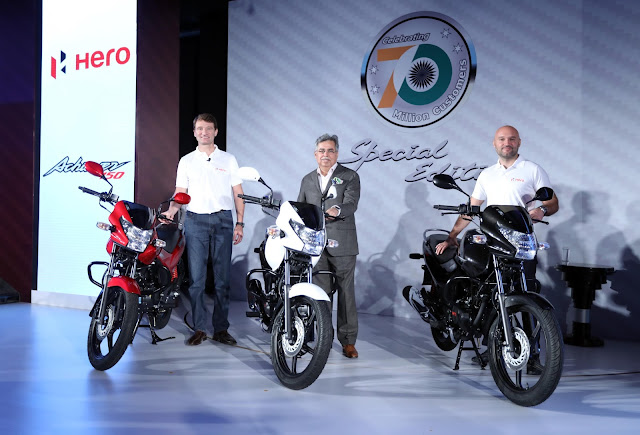 Pic 2-(L-R) Markus Braunsperger, Chief Technology Officer, Hero MotoCorp Ltd., Pawan Munjal, Chairman, Managing Director & Chief Executive Officer, Hero MotoCorp Ltd and Malo Le Masson, Head-Global Product Planning, Hero MotoCorp Ltd. at the launch of all new Achiever 150 in New Delhi. Pic 2-(L-R) Markus Braunsperger, Chief Technology Officer, Hero MotoCorp Ltd., Pawan Munjal, Chairman, Managing Director & Chief Executive Officer, Hero MotoCorp Ltd and Malo Le Masson, Head-Global Product Planning, Hero MotoCorp Ltd. at the launch of all new Achiever 150 in New Delhi.