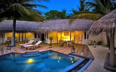 Casas en la costa con palmeras y piscina