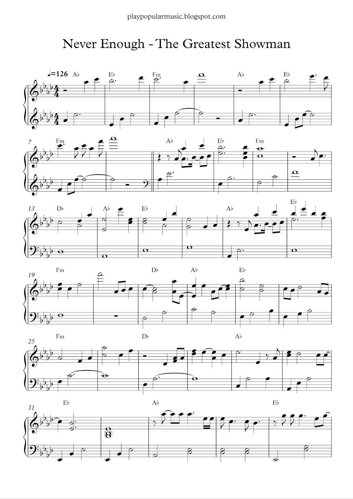 Never Enough Greatest Showman Piano Sheet Music Finaaseda