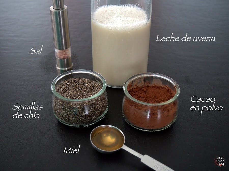 Puding de chía y chocolate con leche vegetal (avena) y topping de fruts rojos