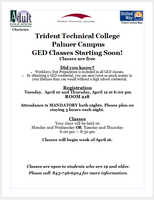 Trident Tech Downtown Free GED Classes Starting the Week of April 16th