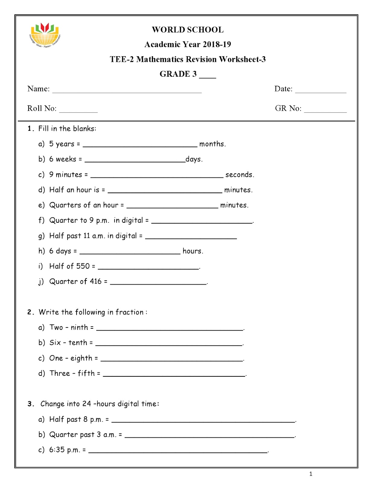 Revision Worksheets For Grade 3 As On 09 05 2019 WORLD SCHOOL OMAN