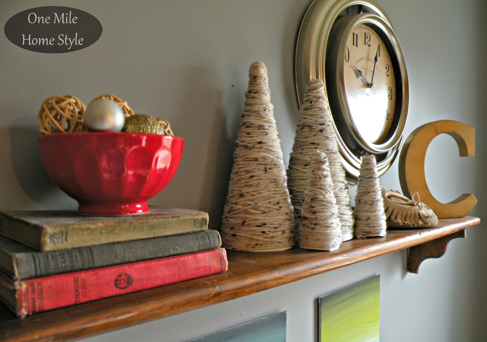 Yarn Trees and Christmas Balls and VIntage Books Vignette