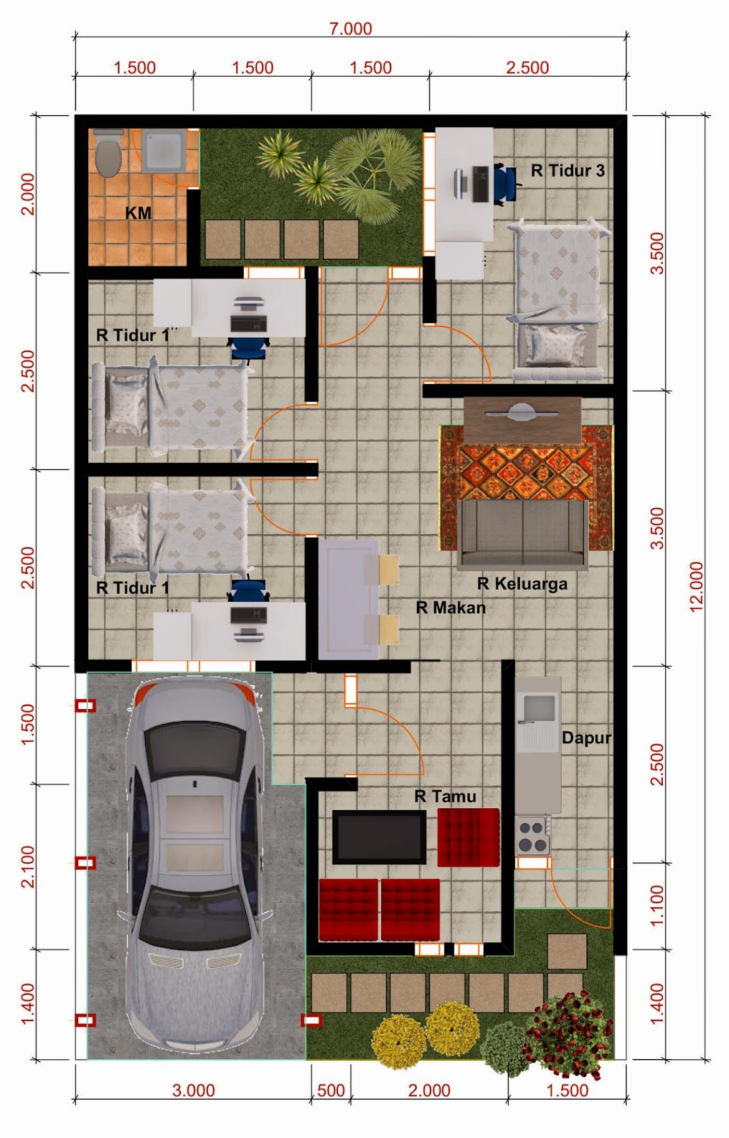 denah rumah minimalis ukuran 6x12