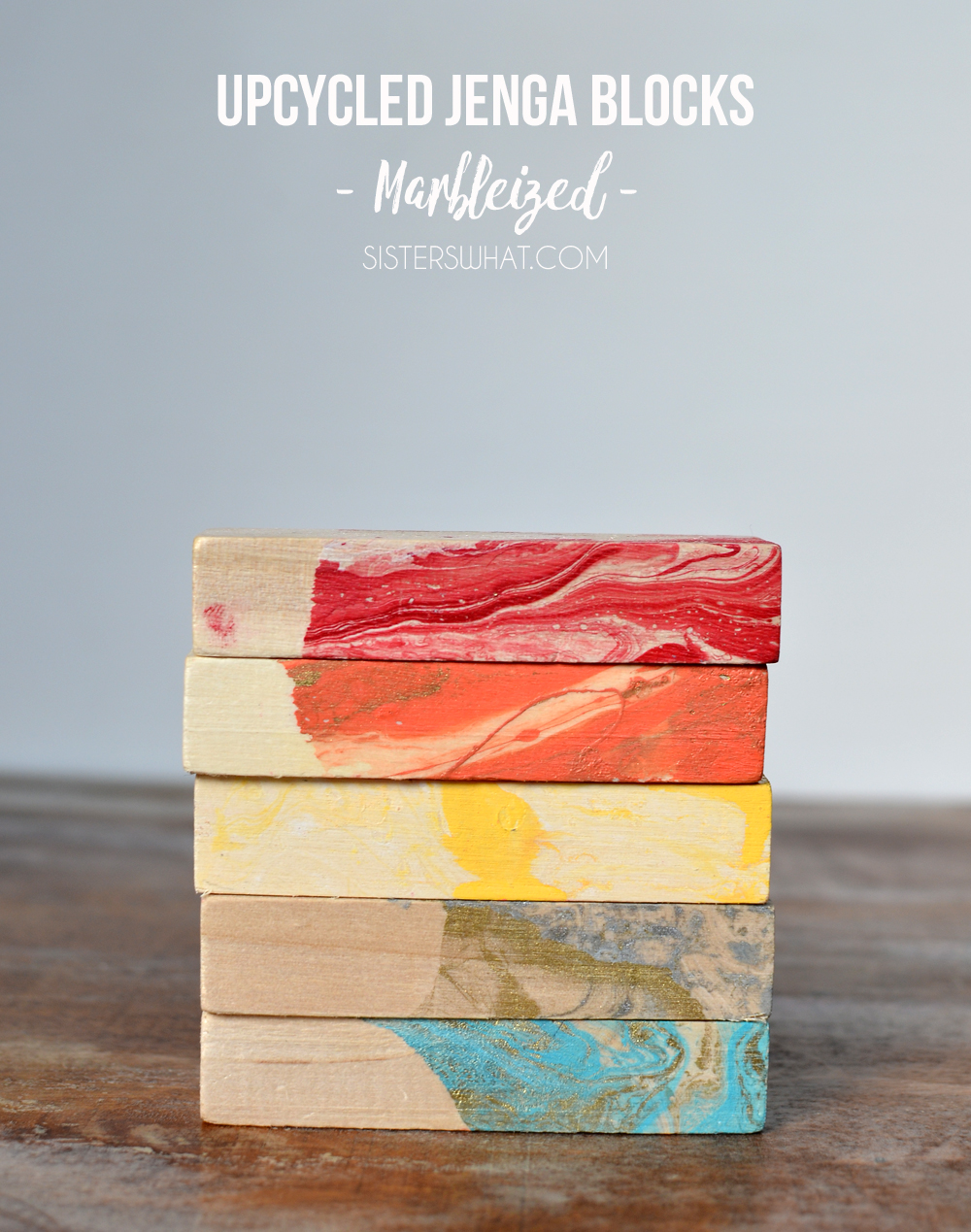 upcycled jenga blocks with marbleizing painting, so fun!
