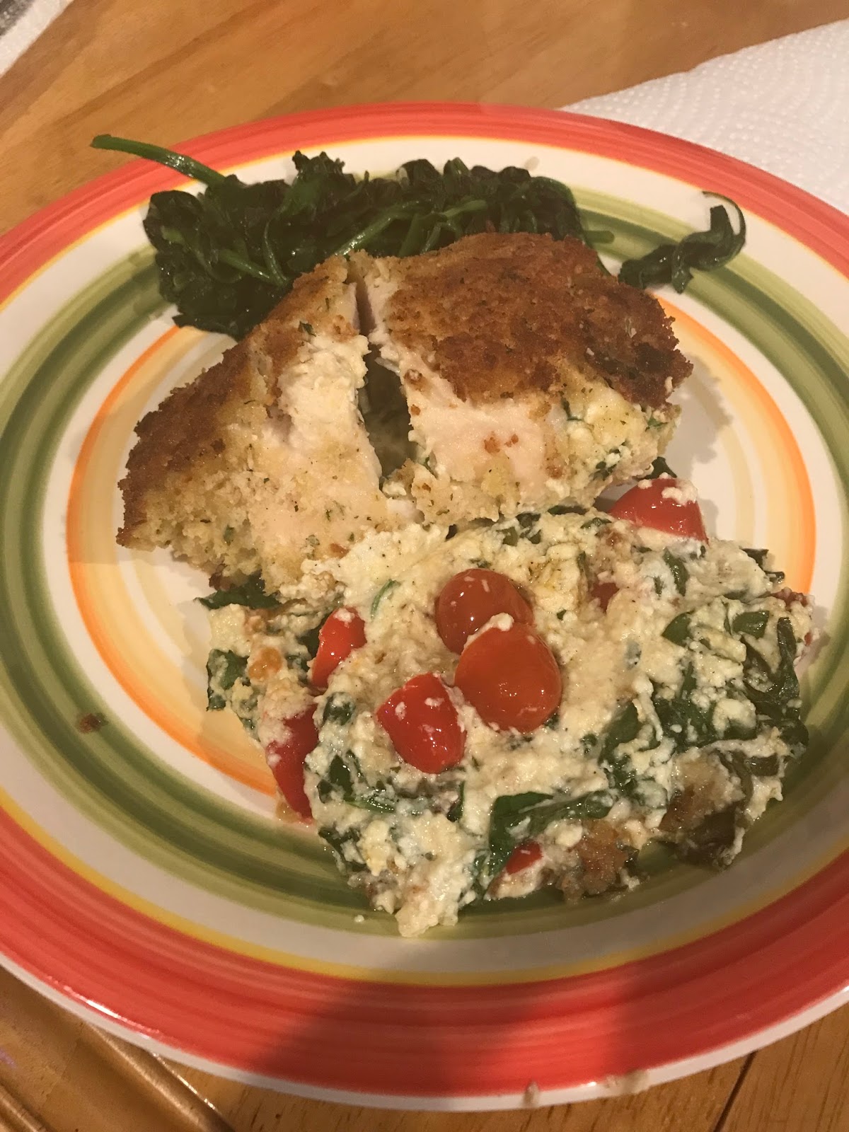 Panko Crusted Chicken Stuffed with Whipped Feta, Spinach, Tomatoes, and