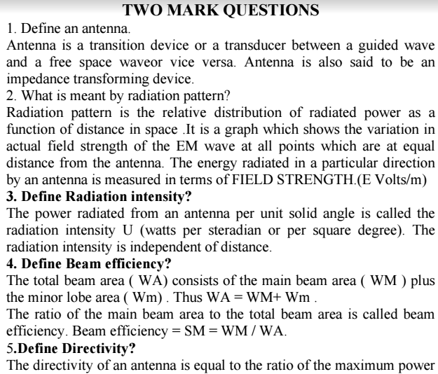 Antennas and Wave Propagation Viva Short Questions and Answers PDF