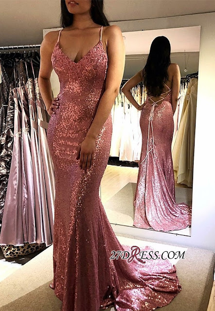 2019 Hot Sell Spaghetti Strap Sleeveless Mermaid Evening Dress | V-Neck Sequins Pink Prom Gown On Sale