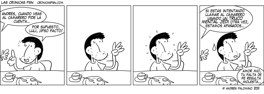 Viñeta en la que el protagonista intenta llamar al camarero con la Fuerza.