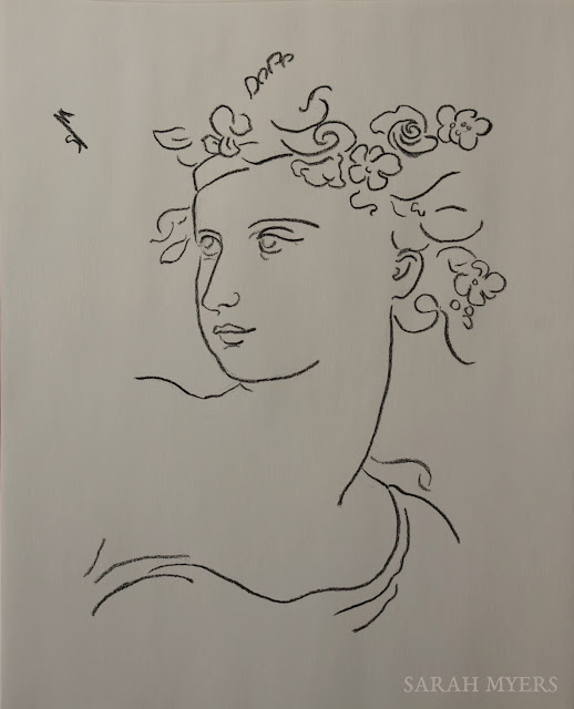 Spring, Sarah Myers - Drawing in Charcoal spring, lady, woman, line, drawing, sketch, sarah myers, art, artist, flowers, face, head, minimal, leaves, line-drawing, study, arte, dibujo, eyes, charcoal, pencil, minimalist, simple, classical