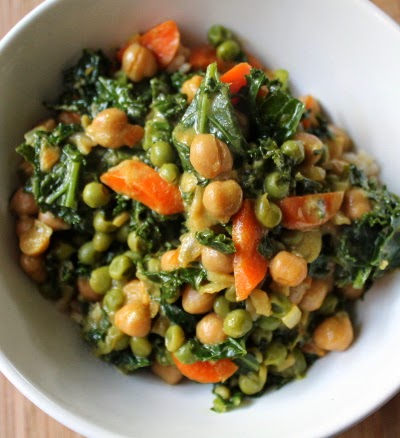 Chickpea coconut milk curry with kale, carrots, and peas
