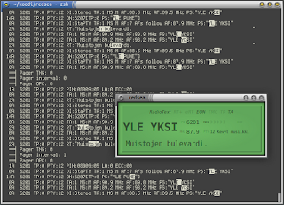 [Image: Screenshot of a terminal and a small GUI window. The terminal is showing a stream of text describing RDS information. The little window is showing the text YLEYKSI and Muistojen bulevardi.]