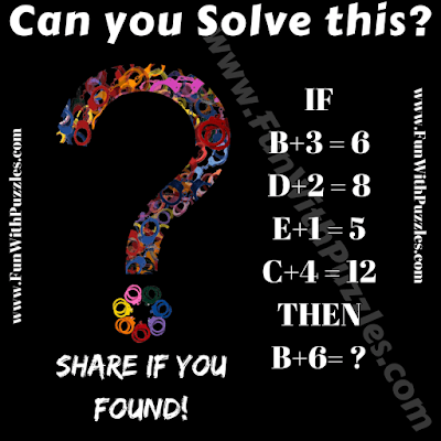 If B+3=6, D+2=8, E+1=5, C+4=12 Then B+6=?. Can yous solve this Kids Logic Challenge?