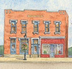 watercolor painting building brick police station win into adjacent dark