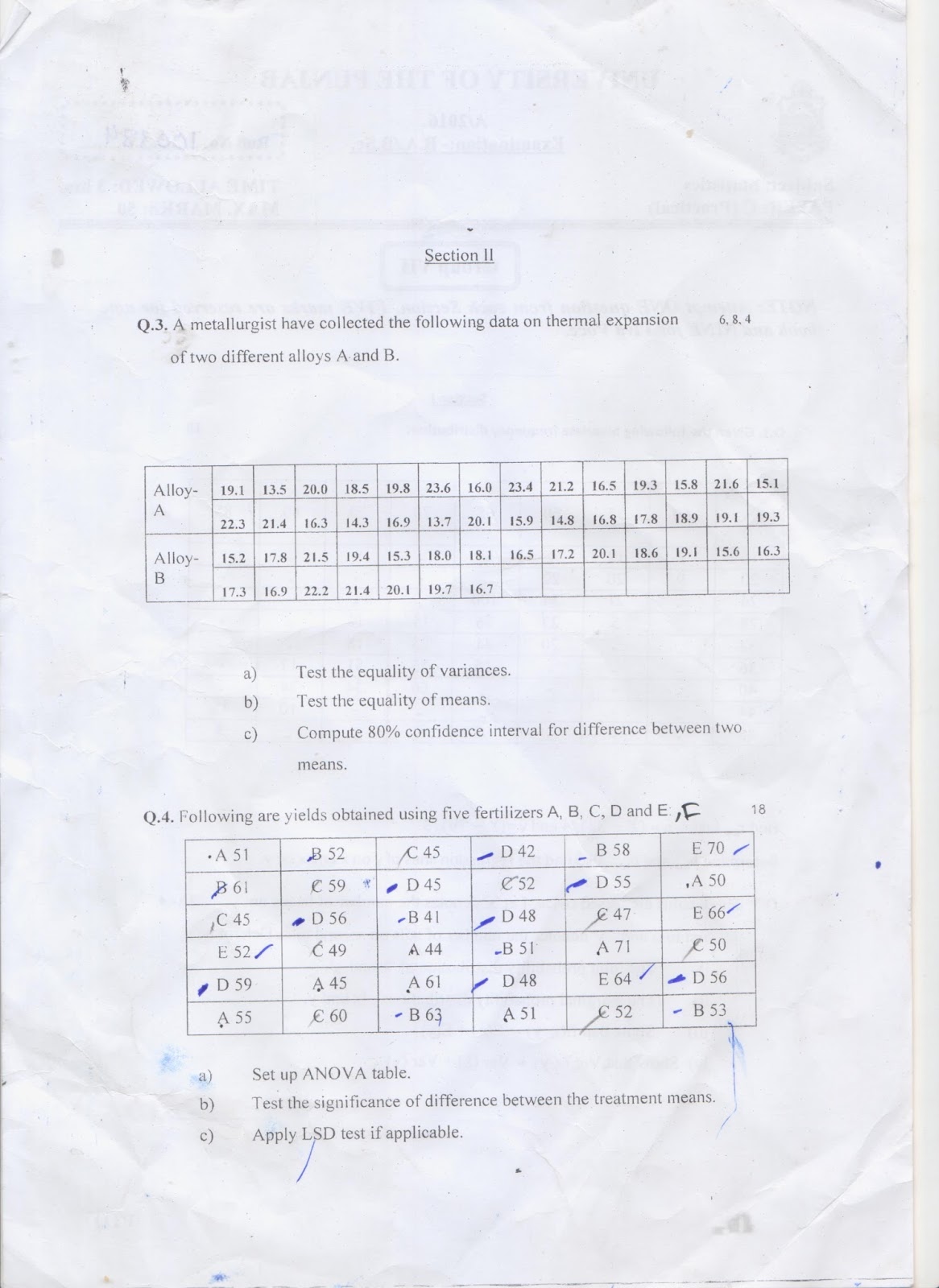 Punjab University Past Papers 2016 Statisctics Stat Practical Paper A