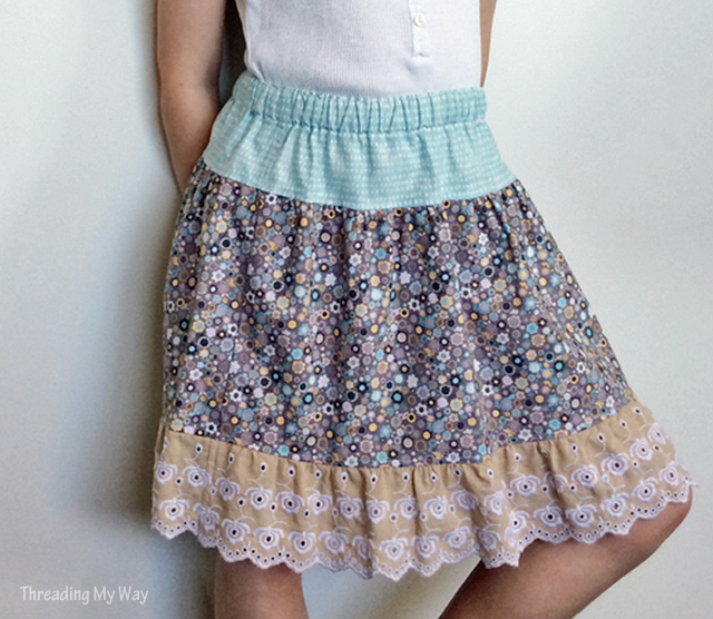 Learn how to make a gathered cotton and lace skirt for girls aged 2 - 5. Tutorial by Threading My Way