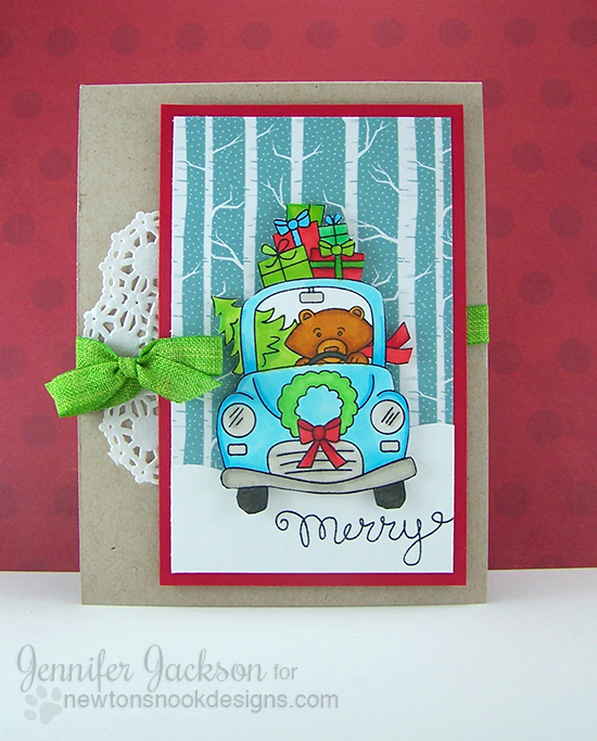 Christmas Card by Jennifer Jackson with a Bear in Car with Gifts | Stamps by Newton's Nook designs