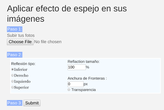 Crear efecto espejo online - Panel de control Herramienta para crear un efecto espejo online