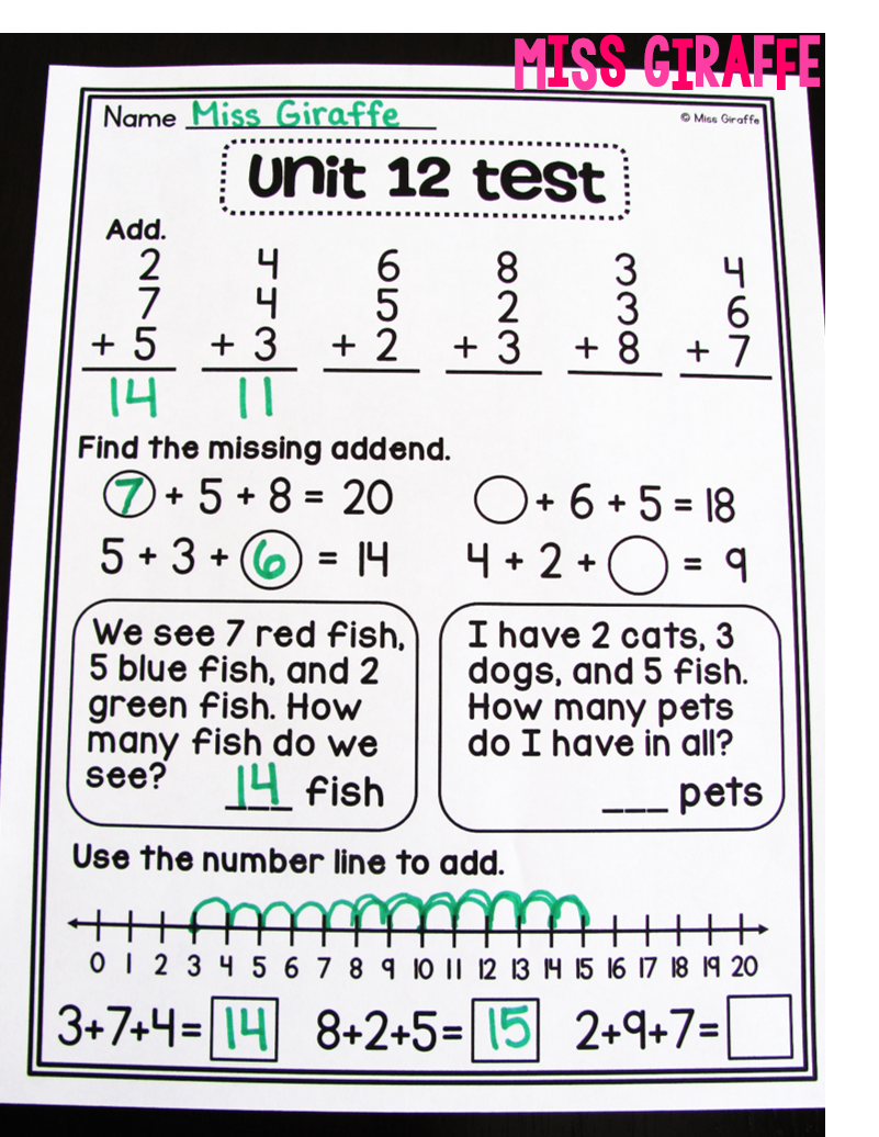 Adding 3 numbers test - these are great math assessments on this page