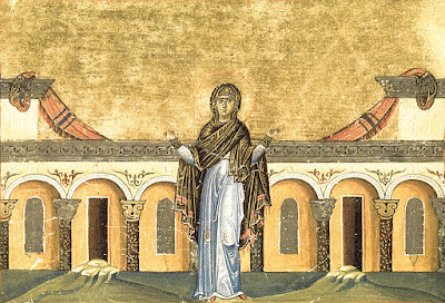 Painting depicting Syncletica of Alexandria,  from the Menologion of Basil II (c. 1000 AD)