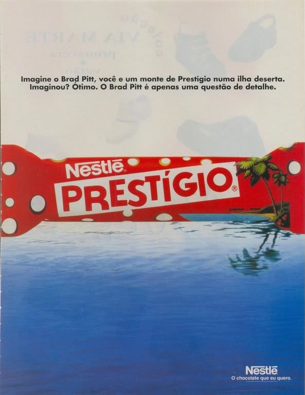 Propaganda do chocolate Prestígio em 1995: Brad Pitt em uma ilha deserta.