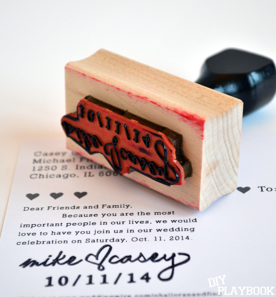 A custom stamp for Mike and Casey to sign their save the date cards