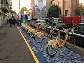 Bicycles to rent are a feature of Milan today