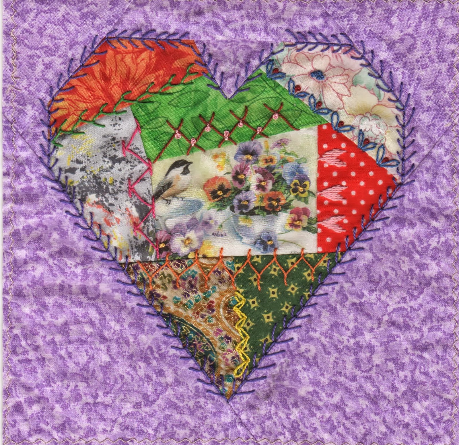 With Needle and Thread I will travel far ! Crazy Quilt Heart