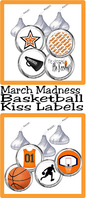 Celebrate your win or drown your sorrows in chocolate kisses with these fun Basketball kiss labels on. These printable kiss labels are the perfect party dessert or party favor for your basketball party.  #basketballparty #kisslabels #marchmadness #chocolate #candybarwrapper #diypartymomblog