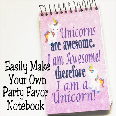 Easily make your own personalized party favors for any party theme with these easy notebook party favors.  Using these simple step by step directions, you can make a notebook out of a fun printable that's perfect for any party. #partyfavor #unicorn #notebook #diynotebook #upcyclenotebook #diypartymomblog