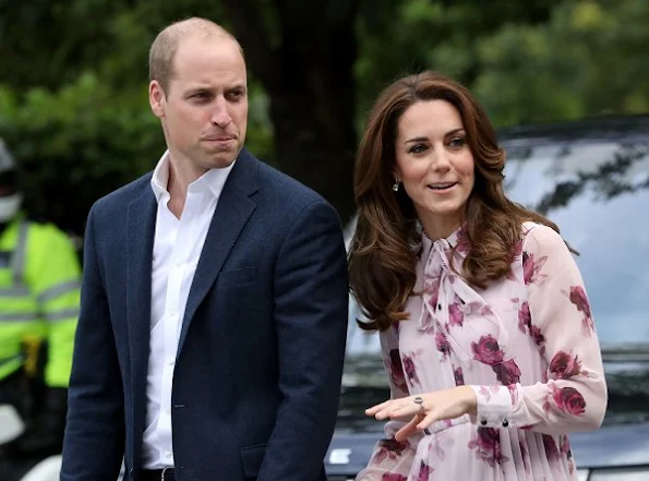 Kate Middleton wore Kate Spade New York Encore Rose Chiffon Dress, Kiki McDonough Morganite Earrings, GIANVITO ROSSI Suede Pumps, LK BENNETT Nina Clutch