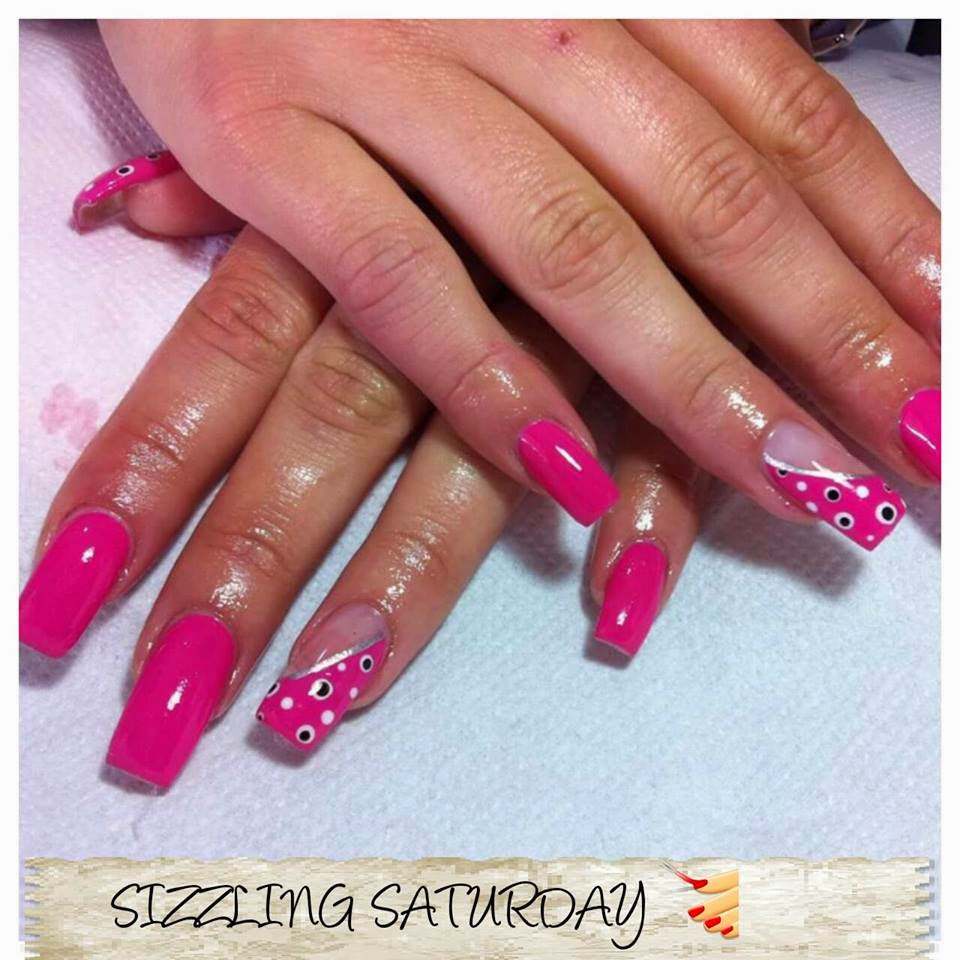 Acrylics, shellac, nail art designs french hot pink manicure with silver smiles Needy Nails